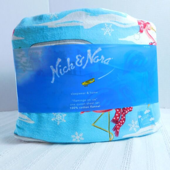 NEW NICK & NORA Flamingo on Ice Airstream Flannel FULL Bed Sheet Pillowcase Set - Picture 11 of 11